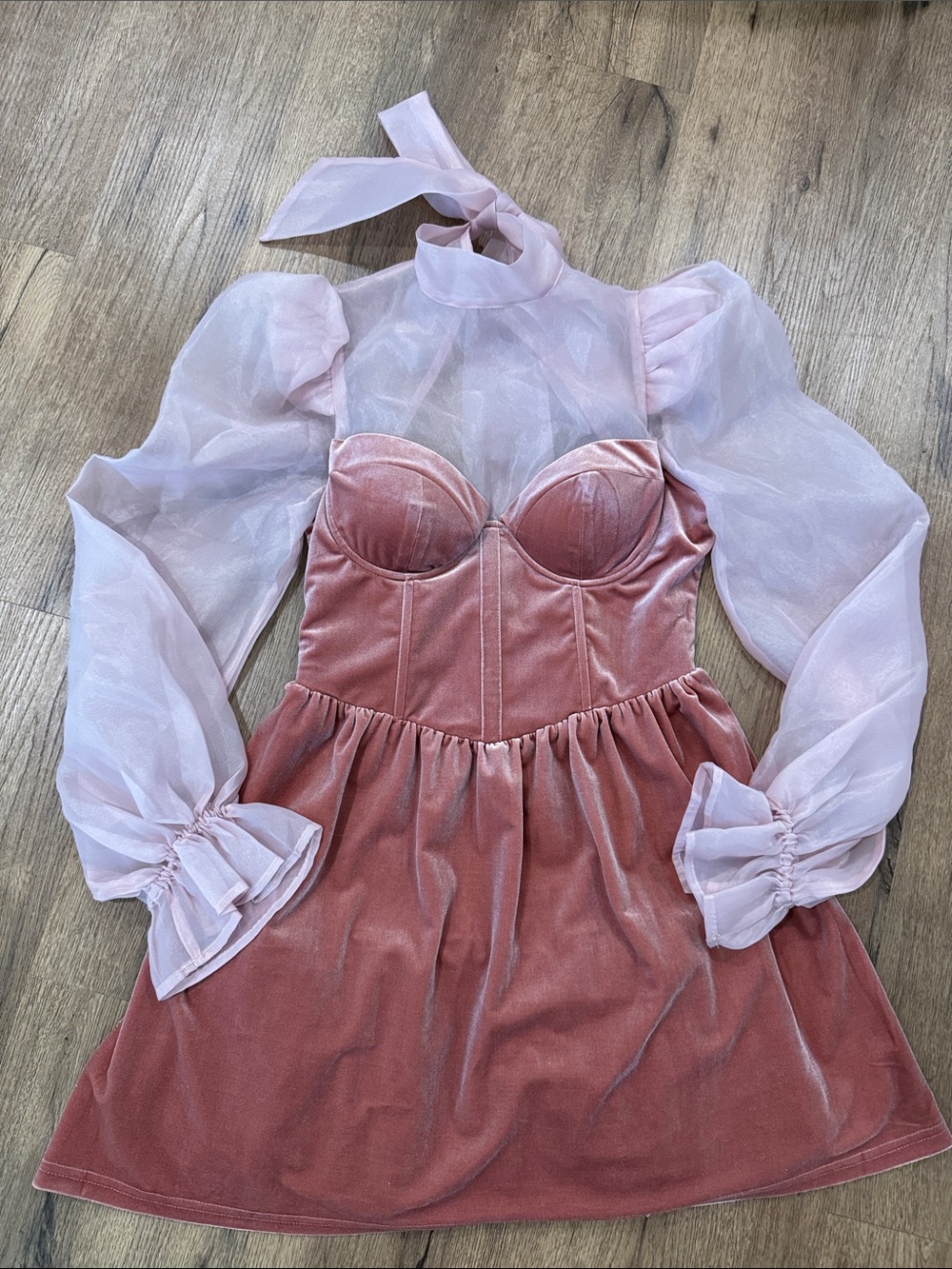 MABLE Dusty Rose Velvet Dress with Sheer Puff Sleeves